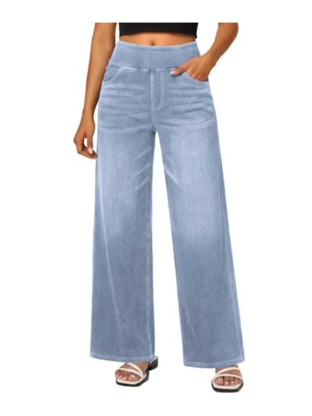 Wide Leg High Waisted Pull On Jeans Tummy Control Stretch Denim Pants with